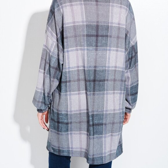 Cabincore Western Boho Rustic Green Plaid Loose fit Long Cuff Sleeve Shacket - Picture 3 of 11